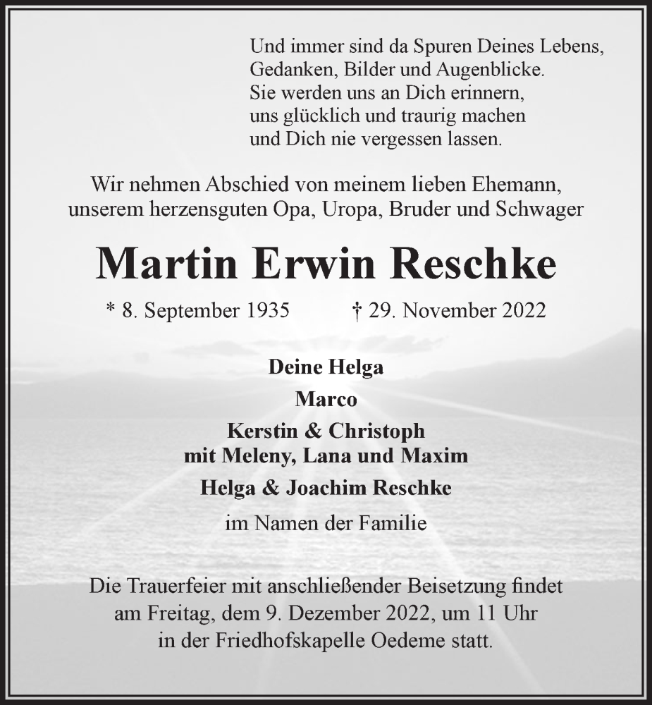  Traueranzeige für Martin Erwin Reschke vom 03.12.2022 aus LZ