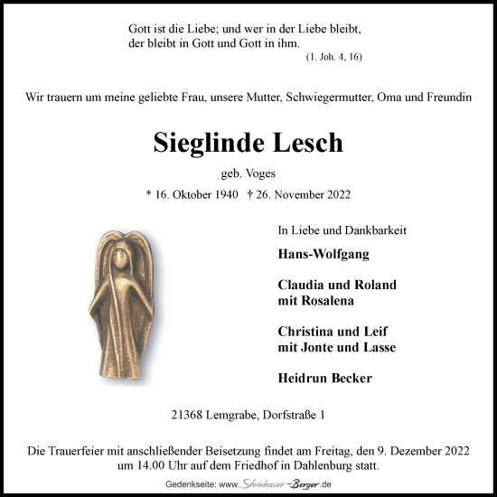 Anzeige von Sieglinde Lesch von LZ