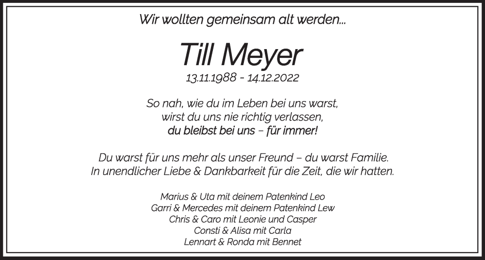  Traueranzeige für Till Meyer vom 24.12.2022 aus LZ