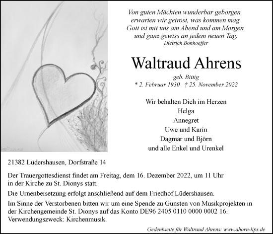 Anzeige von Waltraud Ahrens von LZ