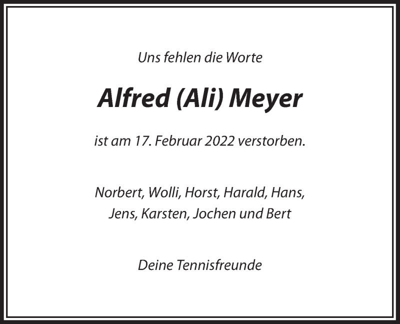  Traueranzeige für Alfred Meyer vom 26.02.2022 aus LZ