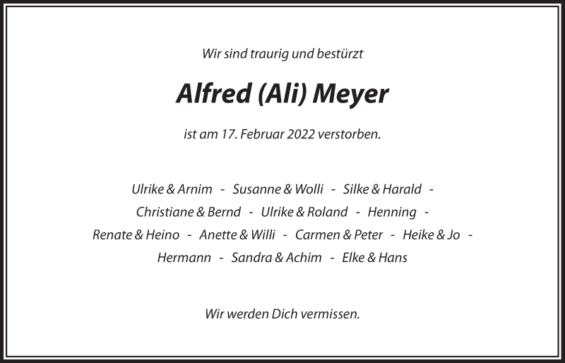  Traueranzeige für Alfred Meyer vom 26.02.2022 aus LZ