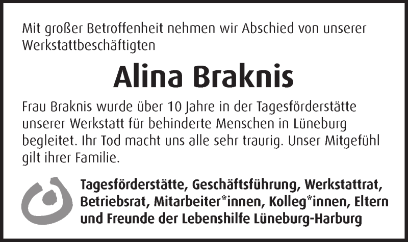  Traueranzeige für Alina Braknis vom 29.01.2022 aus LZ