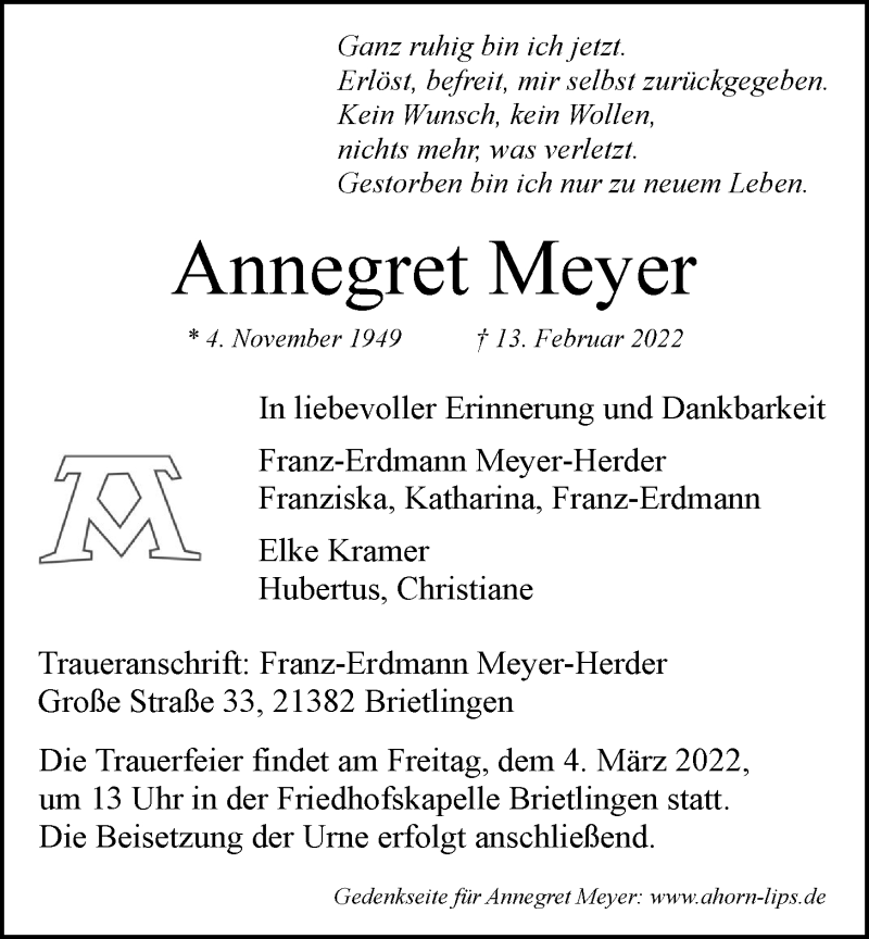  Traueranzeige für Annegret Meyer vom 26.02.2022 aus LZ