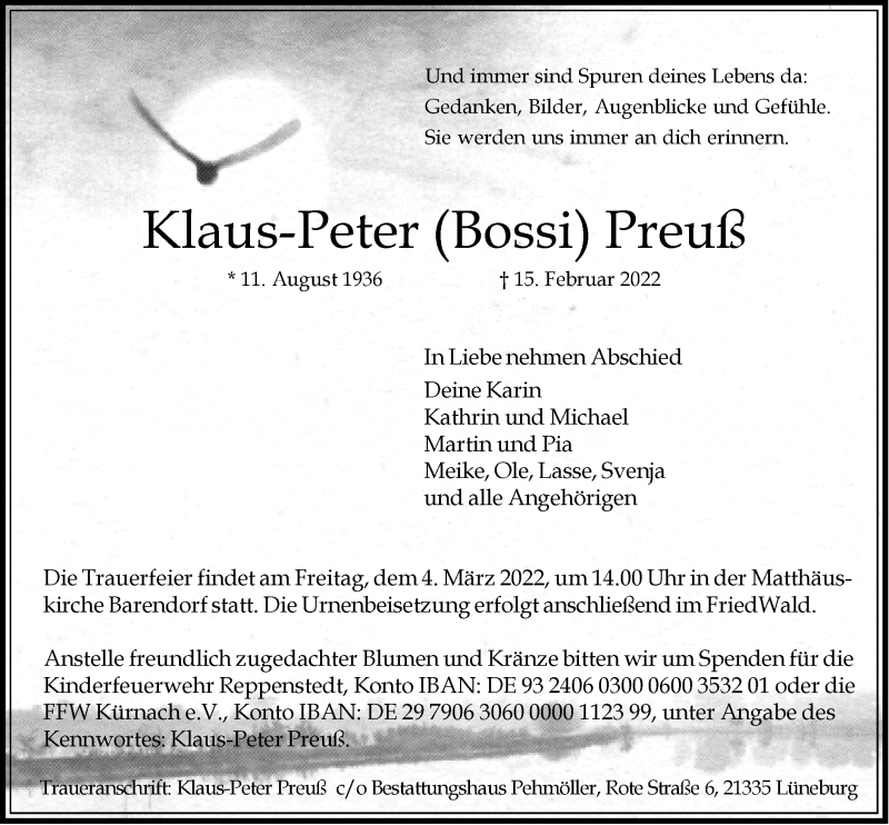  Traueranzeige für Klaus-Peter Preuß vom 26.02.2022 aus LZ