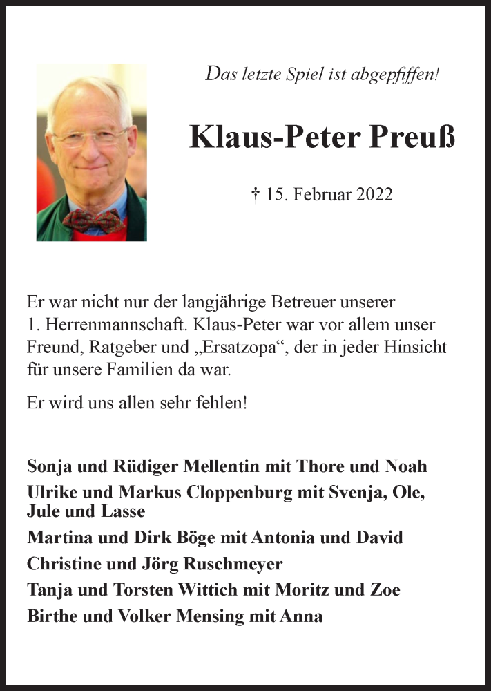  Traueranzeige für Klaus-Peter Preuß vom 26.02.2022 aus LZ