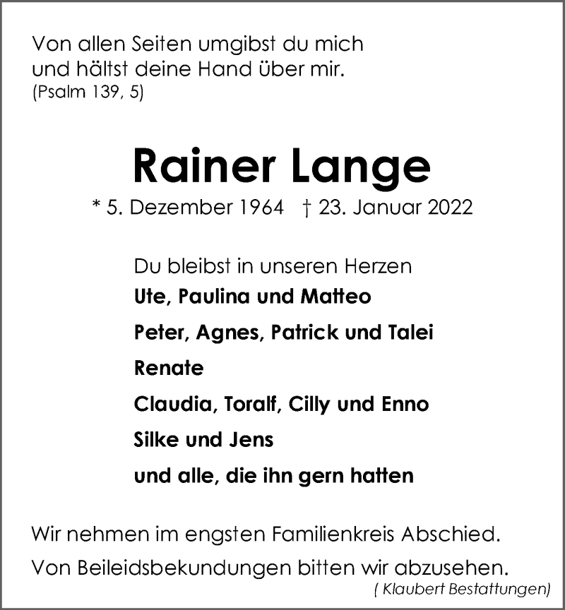  Traueranzeige für Rainer Lange vom 29.01.2022 aus LZ