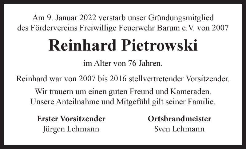  Traueranzeige für Reinhard Pietrowski vom 05.02.2022 aus LZ