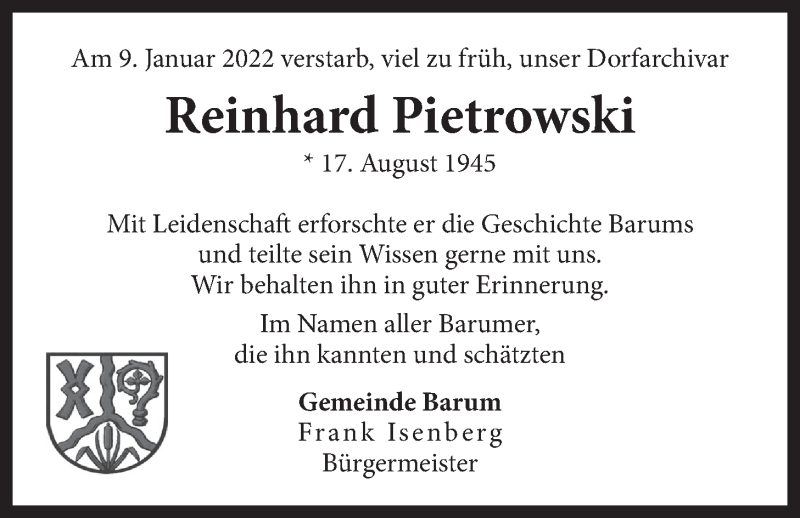  Traueranzeige für Reinhard Pietrowski vom 05.02.2022 aus LZ