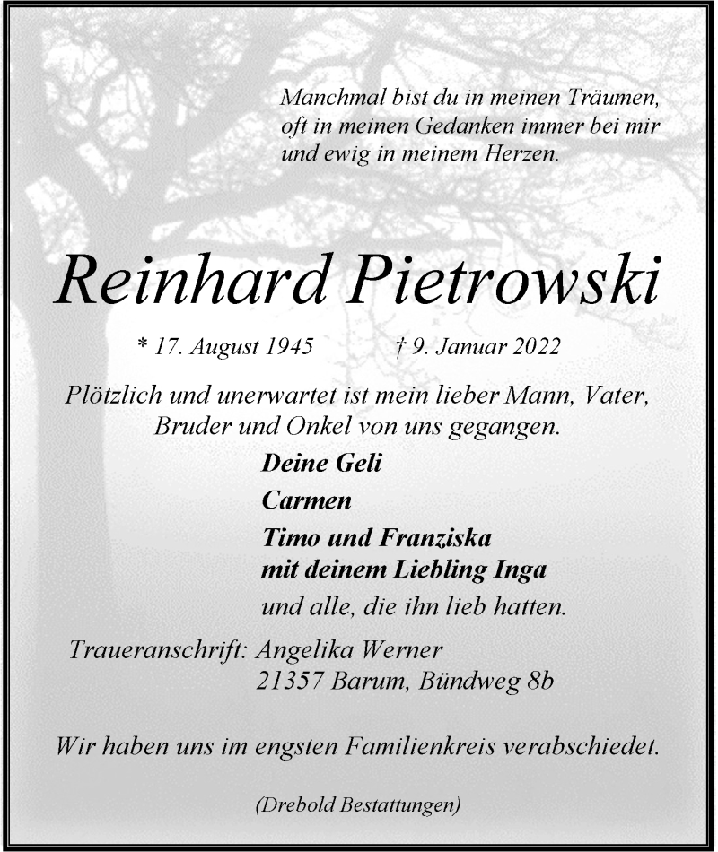  Traueranzeige für Reinhard Pietrowski vom 05.02.2022 aus LZ