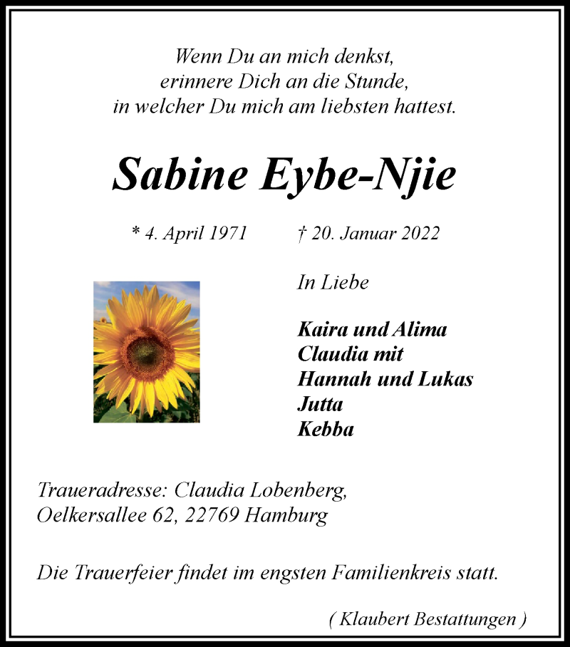  Traueranzeige für Sabine Eybe-Njie vom 29.01.2022 aus LZ