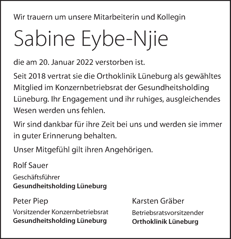  Traueranzeige für Sabine Eybe-Njie vom 05.02.2022 aus LZ