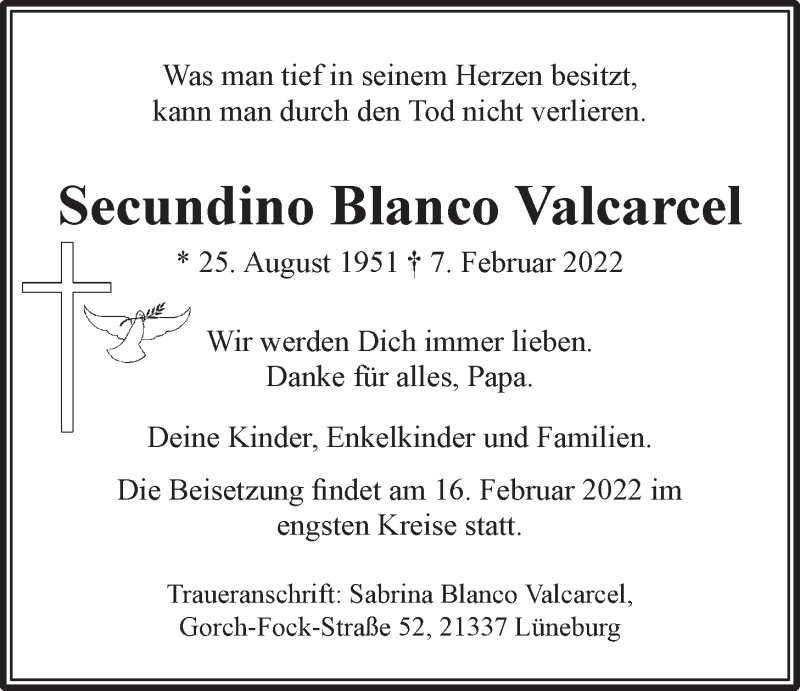  Traueranzeige für Secundino Blanco Valcarcel vom 12.02.2022 aus LZ