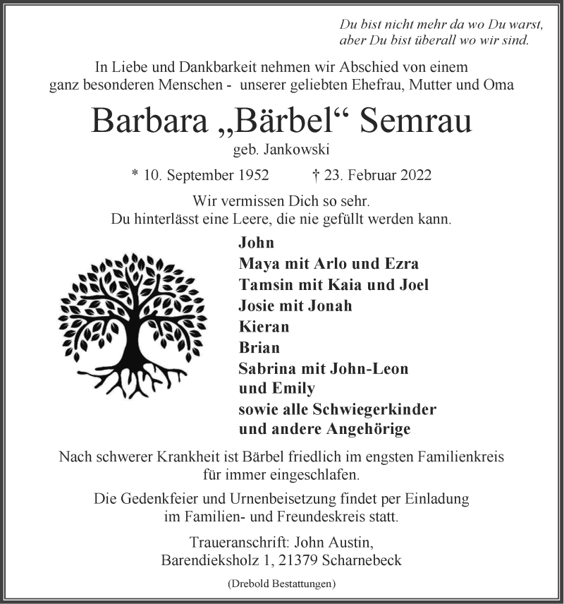  Traueranzeige für Barbara Semrau vom 05.03.2022 aus LZ