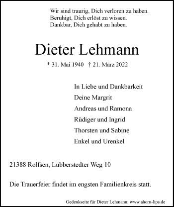Anzeige von Dieter Lehmann von LZ