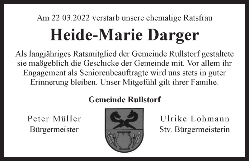  Traueranzeige für Heide-Marie Darger vom 26.03.2022 aus LZ