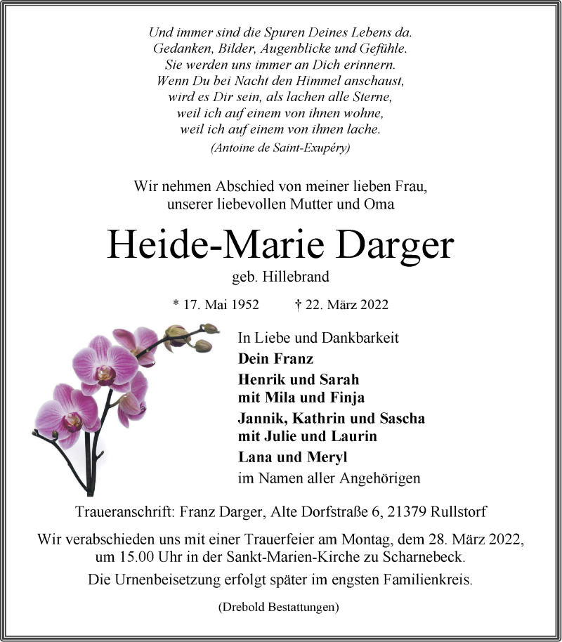  Traueranzeige für Heide-Marie Darger vom 24.03.2022 aus LZ