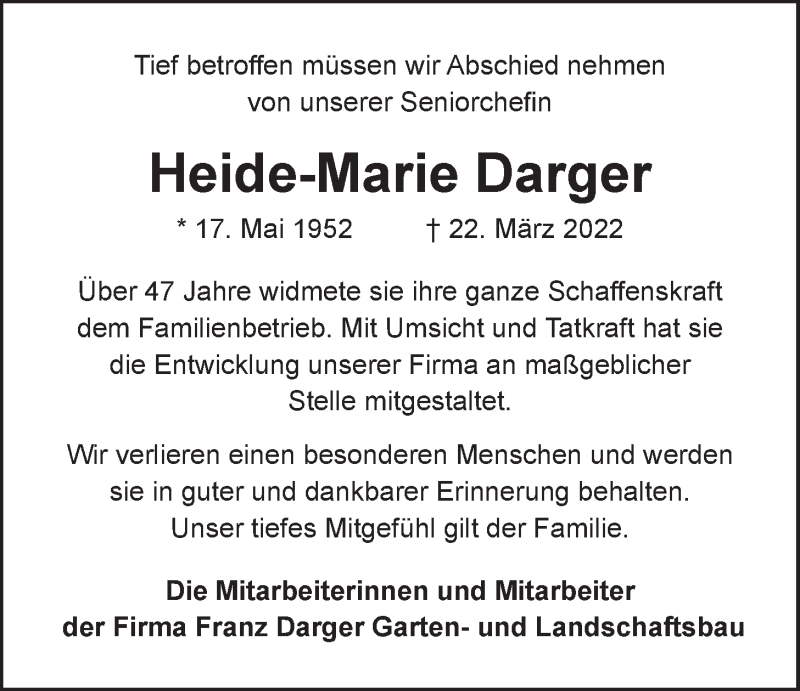  Traueranzeige für Heide-Marie Darger vom 26.03.2022 aus LZ