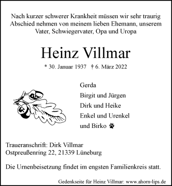 Anzeige von Heinz Villmar von LZ
