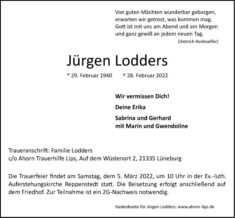  Traueranzeige für Jürgen Lodders vom 02.03.2022 aus LZ