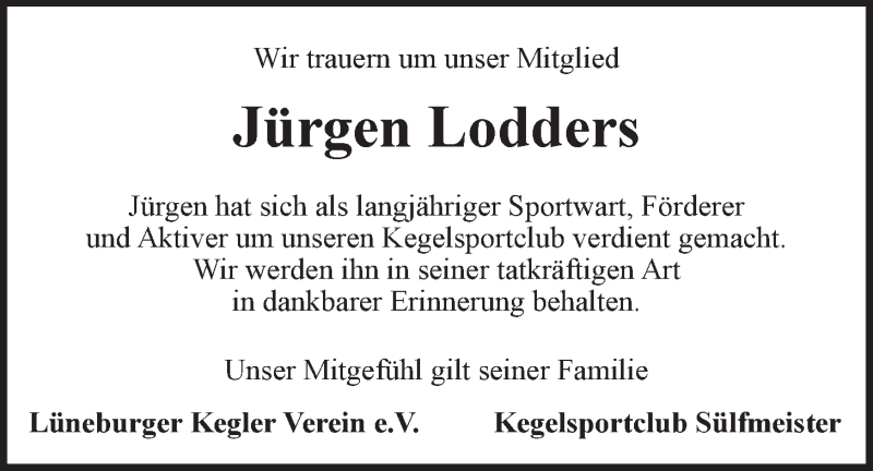 Traueranzeige für Jürgen Lodders vom 03.03.2022 aus LZ