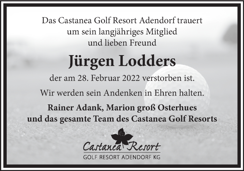  Traueranzeige für Jürgen Lodders vom 02.03.2022 aus LZ