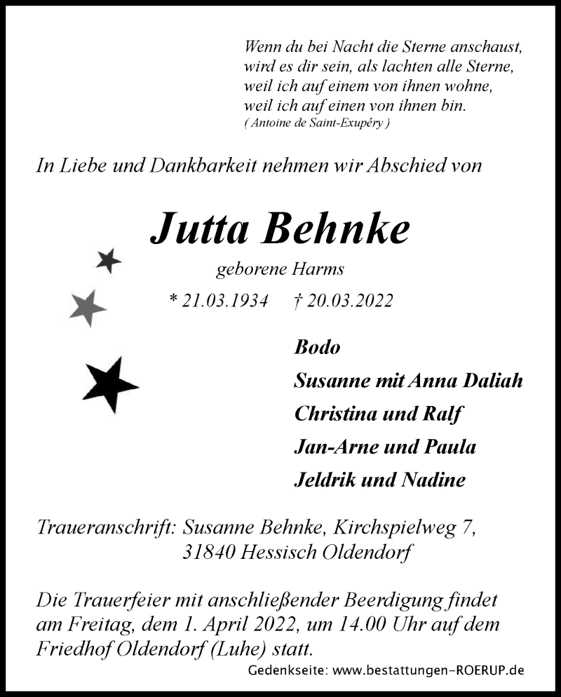  Traueranzeige für Jutta Behnke vom 26.03.2022 aus LZ