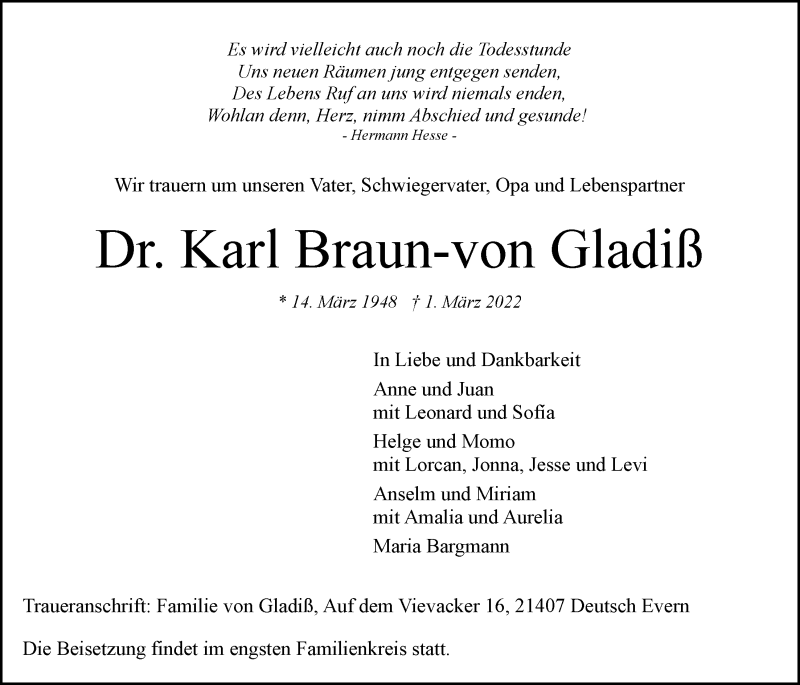  Traueranzeige für Karl Braun-von Gladiß vom 05.03.2022 aus LZ