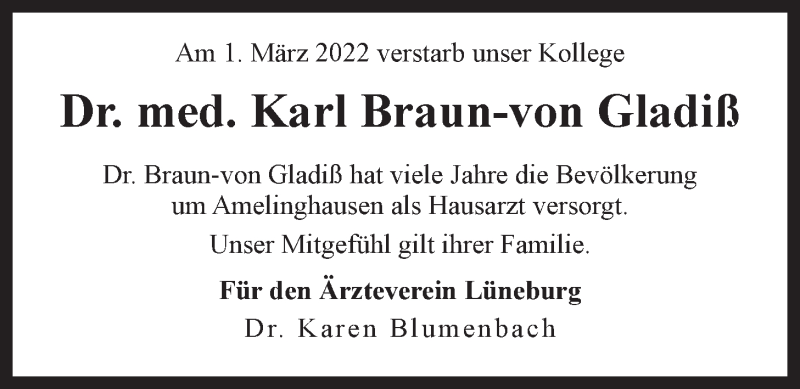  Traueranzeige für Karl Braun-von Gladiß vom 09.03.2022 aus LZ