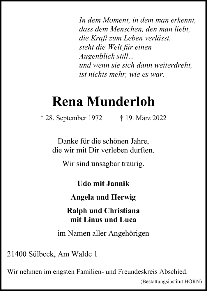  Traueranzeige für Rena Munderloh vom 26.03.2022 aus LZ