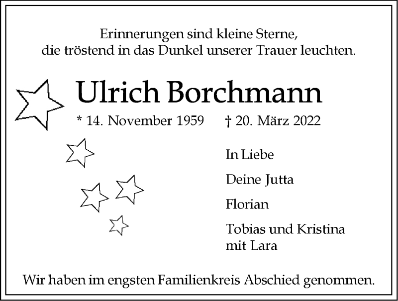  Traueranzeige für Ulrich Borchmann vom 26.03.2022 aus LZ