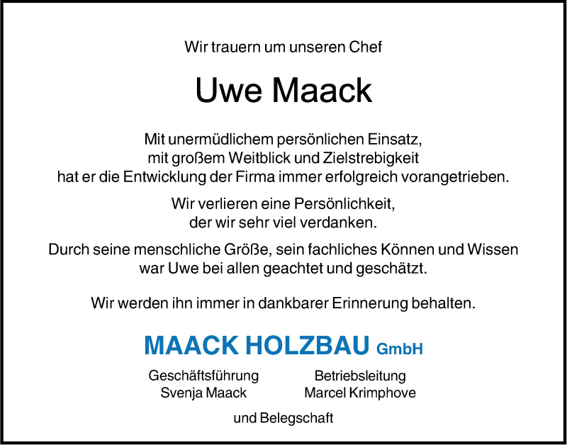  Traueranzeige für Uwe Maack vom 05.03.2022 aus LZ