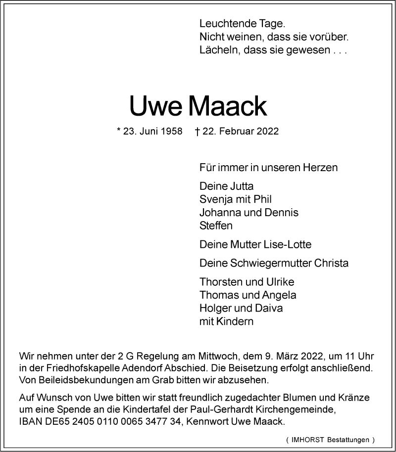  Traueranzeige für Uwe Maack vom 05.03.2022 aus LZ