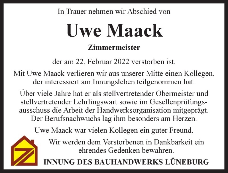  Traueranzeige für Uwe Maack vom 05.03.2022 aus LZ