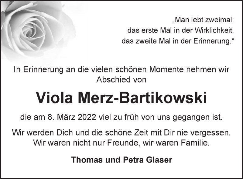  Traueranzeige für Viola Merz-Bartikowski vom 26.03.2022 aus LZ