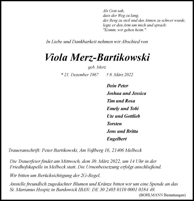  Traueranzeige für Viola Merz-Bartikowski vom 26.03.2022 aus LZ