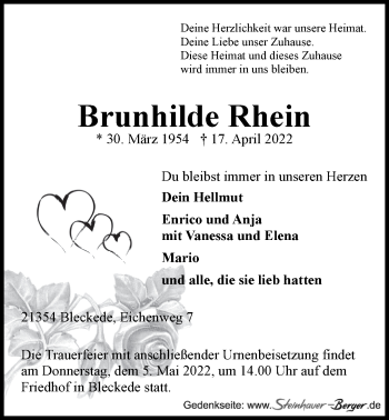 Anzeige von Brunhilde Rhein von LZ