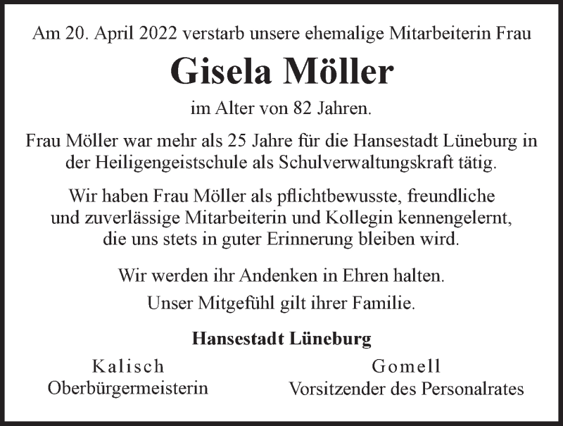  Traueranzeige für Gisela Möller vom 29.04.2022 aus LZ