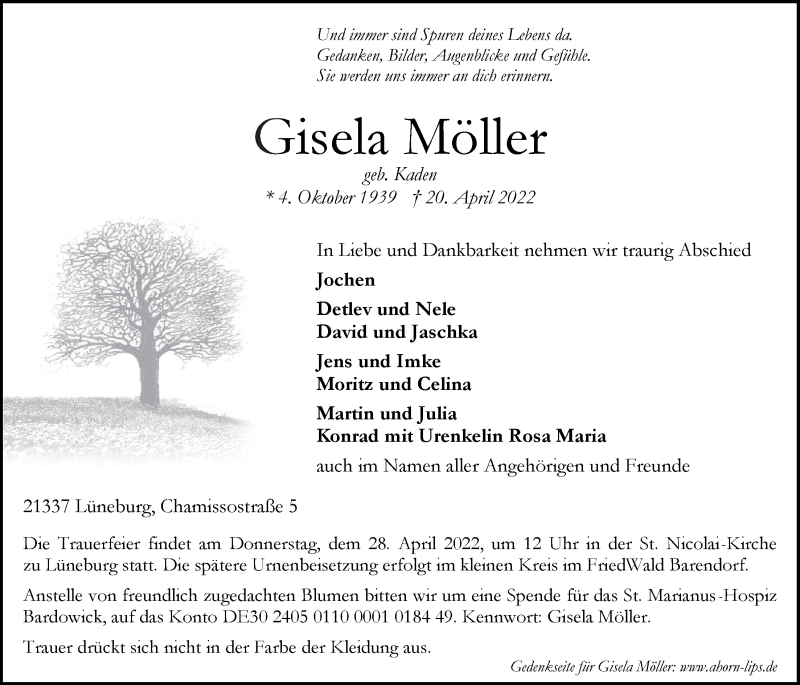  Traueranzeige für Gisela Möller vom 23.04.2022 aus LZ