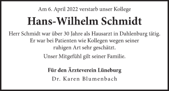 Anzeige von Hans-Wilhelm Schmidt von LZ