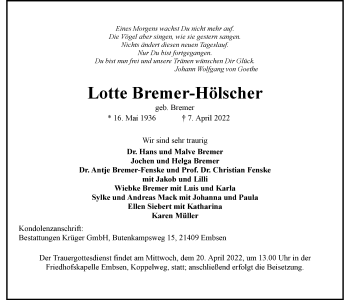 Anzeige von Lotte Bremer-Hölscher von LZ