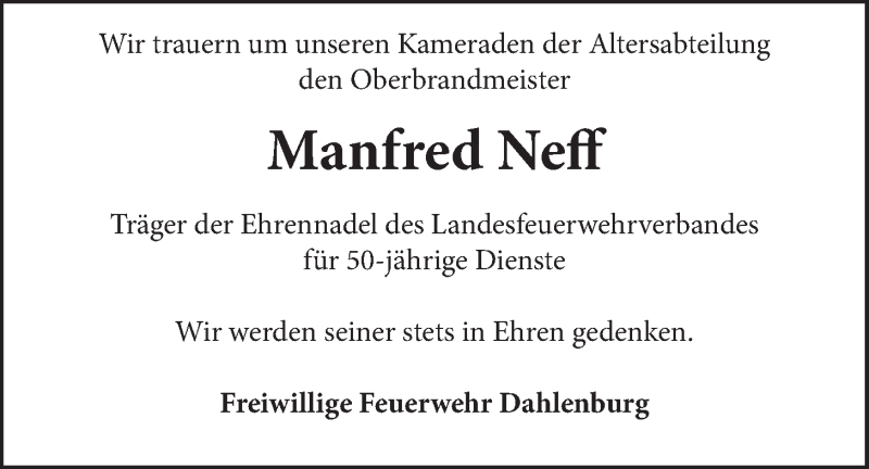  Traueranzeige für Manfred Neff vom 07.04.2022 aus LZ