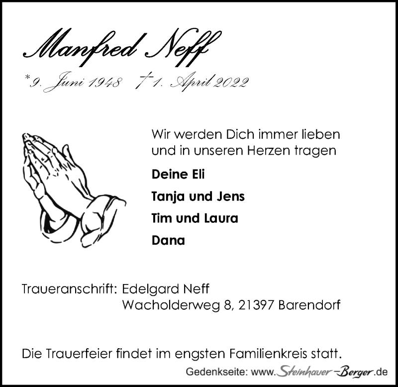  Traueranzeige für Manfred Neff vom 06.04.2022 aus LZ