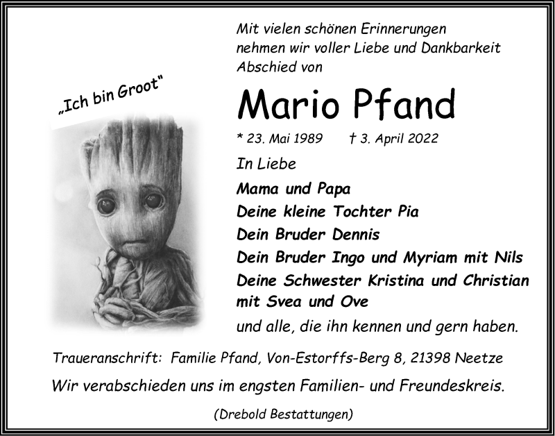  Traueranzeige für Mario Pfand vom 06.04.2022 aus LZ