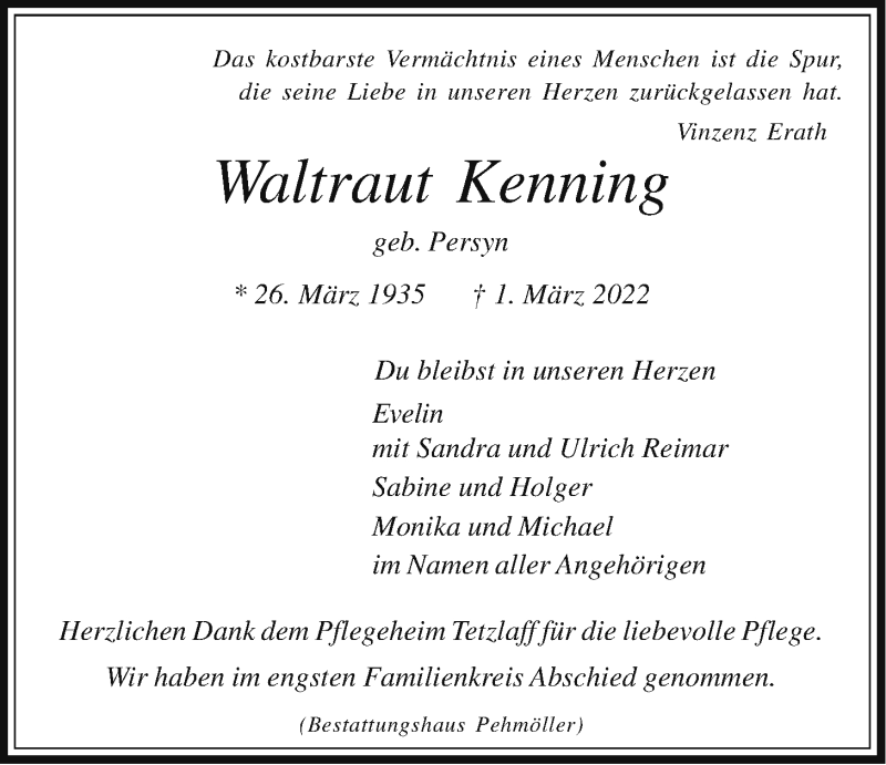  Traueranzeige für Waltraut Kenning vom 02.04.2022 aus LZ
