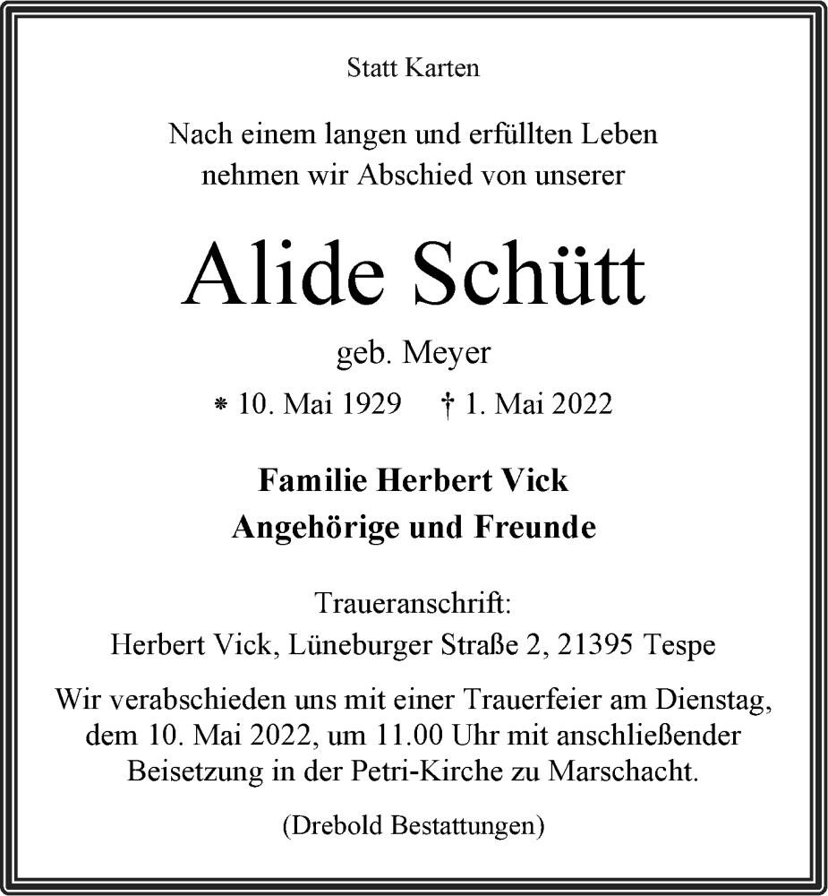 Traueranzeige für Alide Schütt vom 05.05.2022 aus LZ
