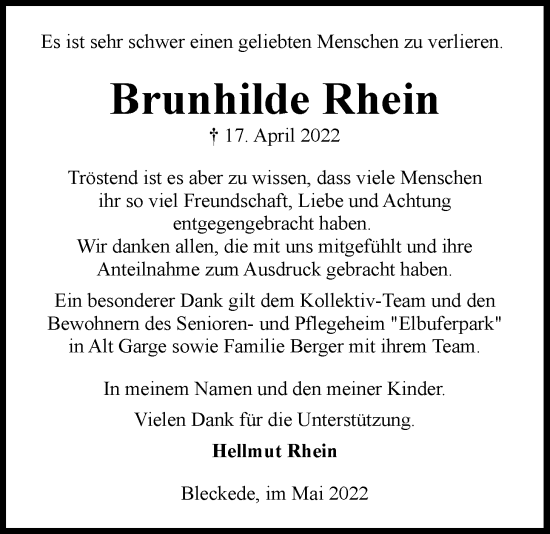 Anzeige von Brunhilde Rhein von LZ