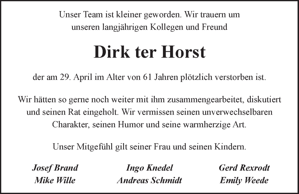  Traueranzeige für Dirk ter Horst vom 07.05.2022 aus LZ