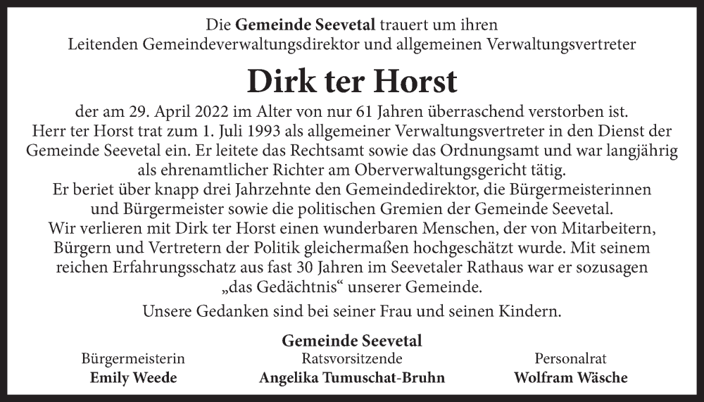  Traueranzeige für Dirk ter Horst vom 07.05.2022 aus LZ