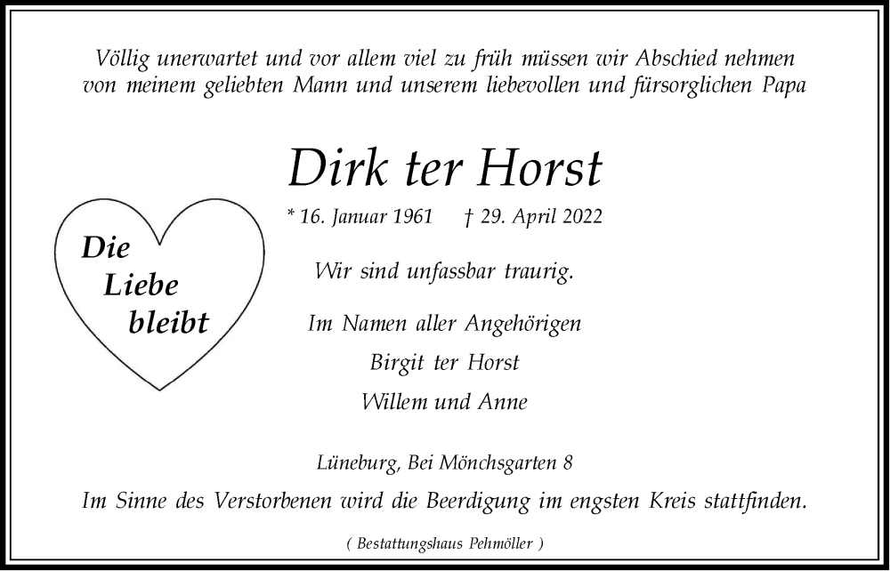  Traueranzeige für Dirk ter Horst vom 07.05.2022 aus LZ